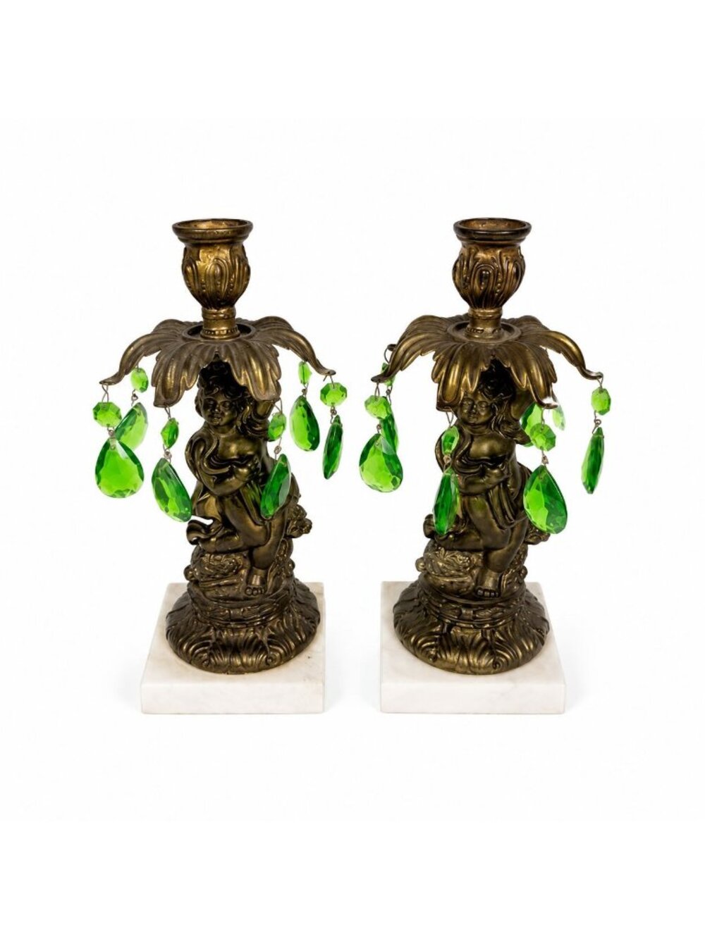 Candle Holders Bronze color Cherub Pair Set 2 Candleabra Italian Marble Bases It